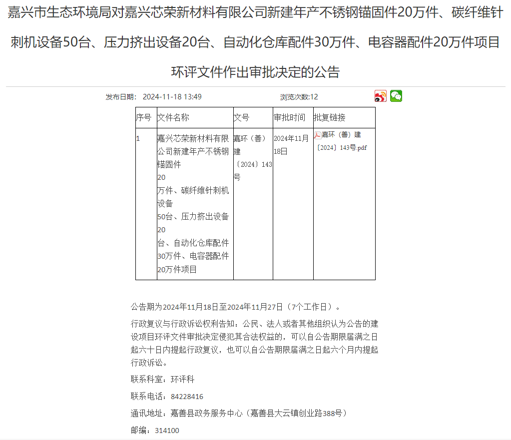 嘉興芯榮新材料公司新建年產(chǎn)20萬不銹鋼錨固件建設(shè)項(xiàng)目環(huán)評(píng)獲審批