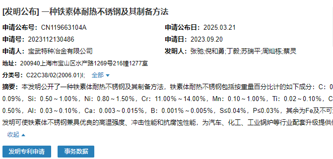 寶武特種冶金有限公司申請(qǐng)“一種鐵素體耐熱不銹鋼及其制備方法”專(zhuān)利